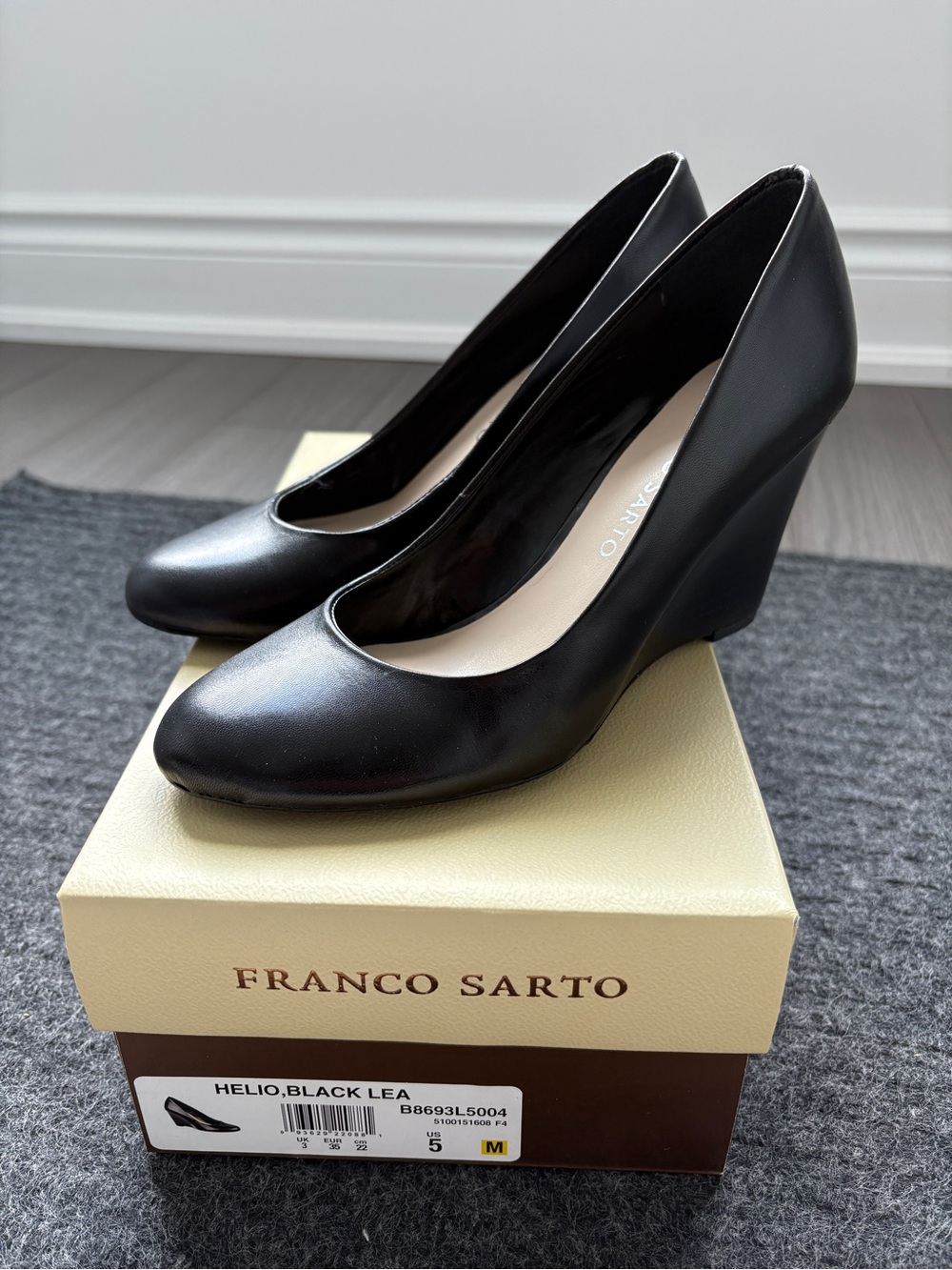 Franco Sarto Helio Black Leather Wedge Pumps (size 5)